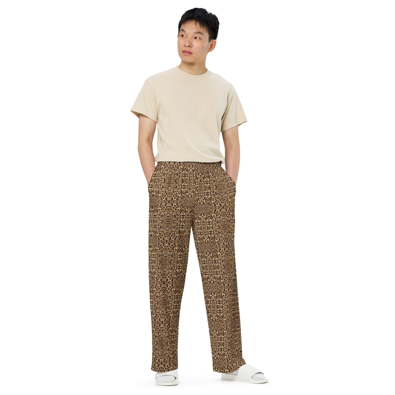 Product name: Recursia Contemplative Jaguar Men's Wide Leg Pants. Keywords: Print: Contemplative Jaguar, Men's Clothing, Men's Wide Leg Pants