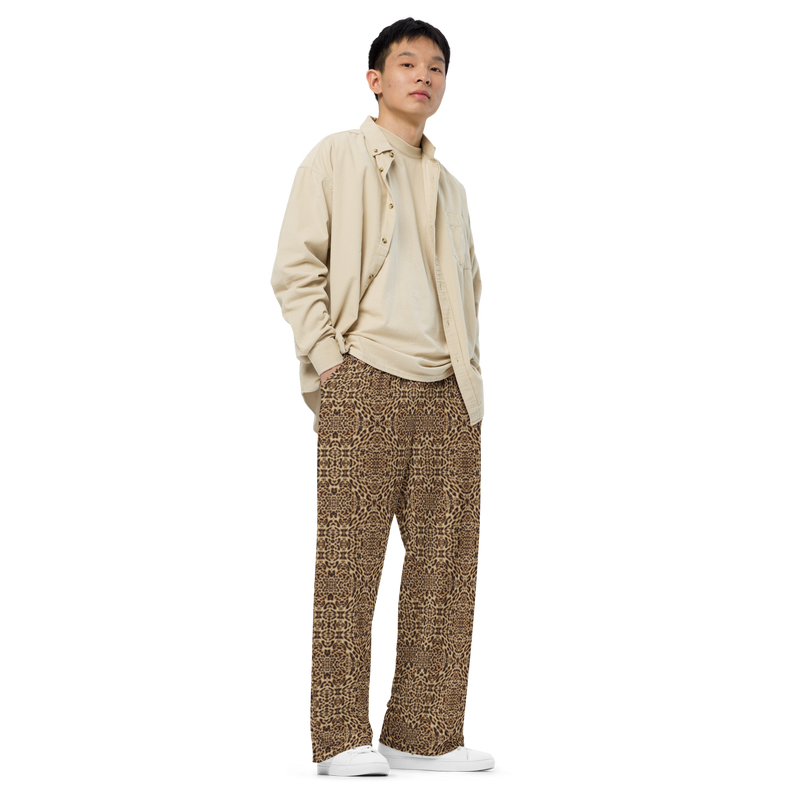 Product name: Recursia Contemplative Jaguar Men's Wide Leg Pants. Keywords: Print: Contemplative Jaguar, Men's Clothing, Men's Wide Leg Pants