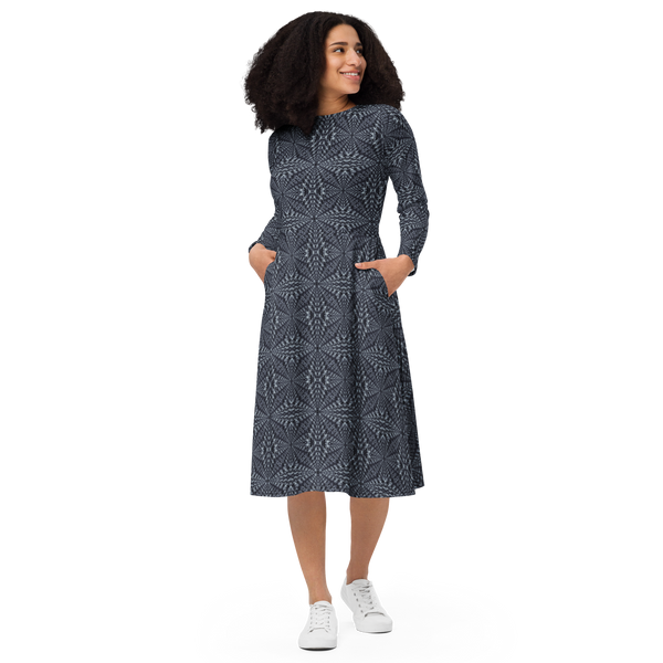 Product name: Recursia Fabrique Unknown II Long Sleeve Midi Dress In Blue. Keywords: Clothing, Print: Fabrique Unknown, Long Sleeve Midi Dress, Women's Clothing