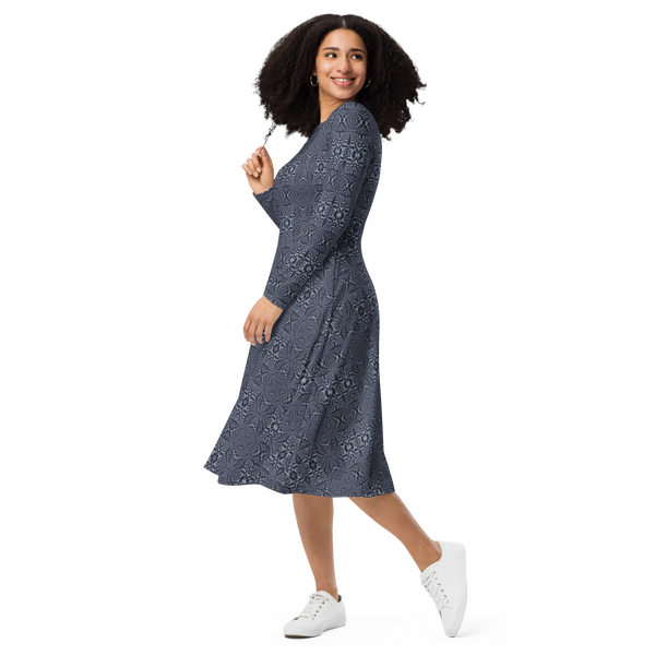 Product name: Recursia Fabrique Unknown I Long Sleeve Midi Dress In Blue. Keywords: Clothing, Print: Fabrique Unknown, Long Sleeve Midi Dress, Women's Clothing