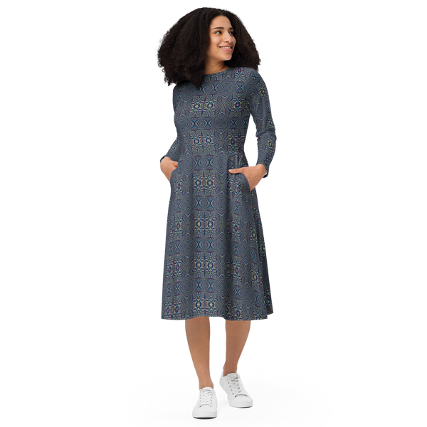 Product name: Recursia Fabrique Unknown I Long Sleeve Midi Dress. Keywords: Clothing, Print: Fabrique Unknown, Long Sleeve Midi Dress, Women's Clothing