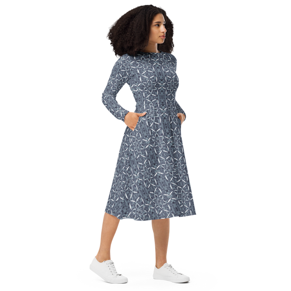 Product name: Recursia Lotus Light Long Sleeve Midi Dress In Blue. Keywords: Clothing, Long Sleeve Midi Dress, Print: Lotus Light, Women's Clothing