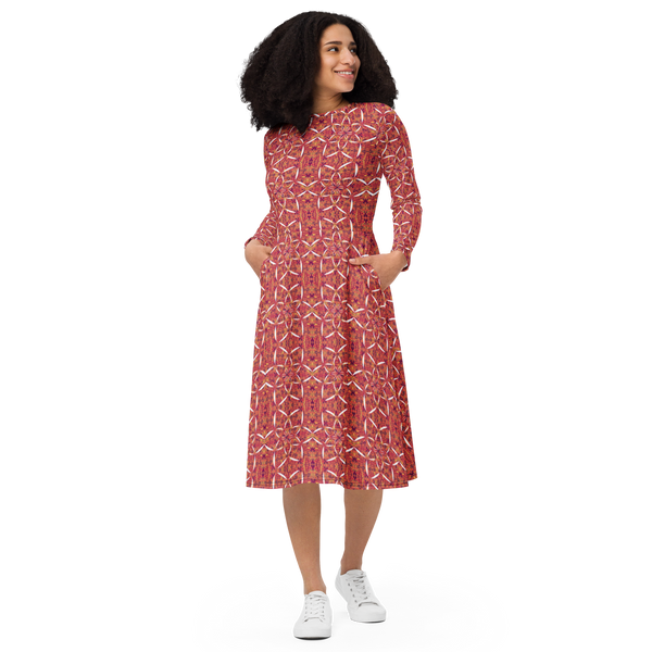 Product name: Recursia Lotus Light Long Sleeve Midi Dress. Keywords: Clothing, Long Sleeve Midi Dress, Print: Lotus Light, Women's Clothing