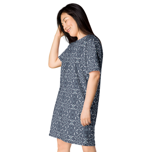 Product name: Recursia Lotus Light T-Shirt Dress In Blue. Keywords: Clothing, Print: Lotus Light, T-Shirt Dress, Women's Clothing