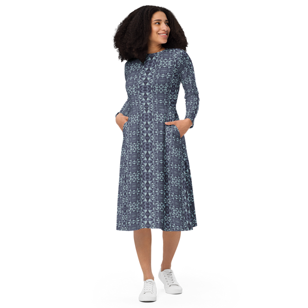 Product name: Recursia Mind Gem III Long Sleeve Midi Dress In Blue. Keywords: Clothing, Long Sleeve Midi Dress, Print: Mind Gem, Women's Clothing