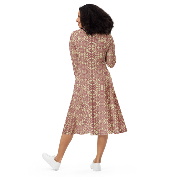 Product name: Recursia Mind Gem III Long Sleeve Midi Dress In Pink. Keywords: Clothing, Long Sleeve Midi Dress, Print: Mind Gem, Women's Clothing