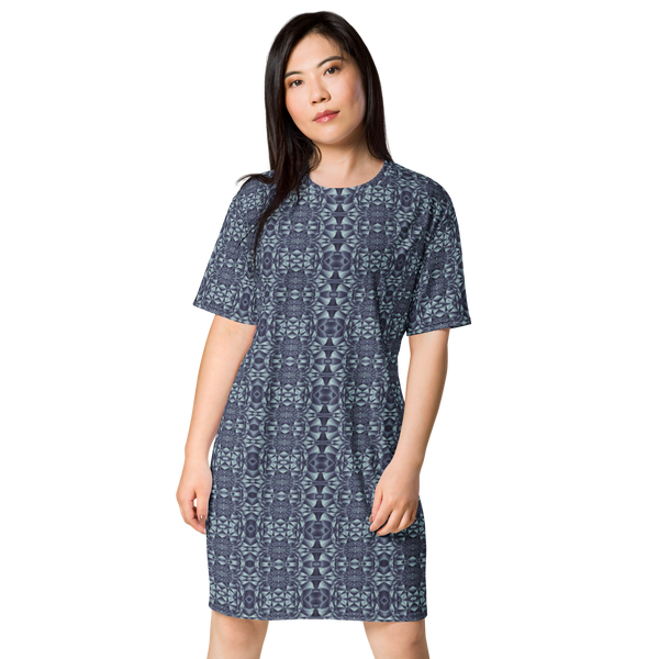 Product name: Recursia Mind Gem III T-Shirt Dress In Blue. Keywords: Clothing, Print: Mind Gem, T-Shirt Dress, Women's Clothing