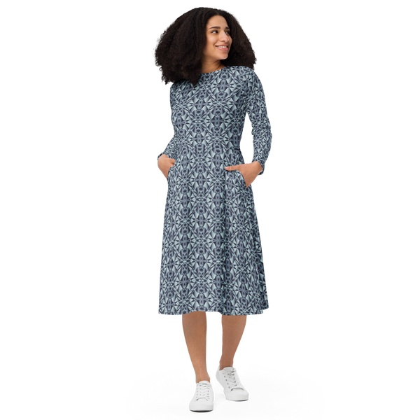 Product name: Recursia Mind Gem II Long Sleeve Midi Dress In Blue. Keywords: Clothing, Long Sleeve Midi Dress, Print: Mind Gem, Women's Clothing