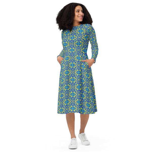 Product name: Recursia Mind Gem II Long Sleeve Midi Dress. Keywords: Clothing, Long Sleeve Midi Dress, Print: Mind Gem, Women's Clothing