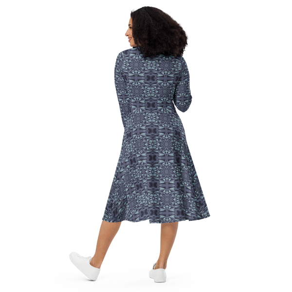Product name: Recursia Mind Gem IV Long Sleeve Midi Dress In Blue. Keywords: Clothing, Long Sleeve Midi Dress, Print: Mind Gem, Women's Clothing