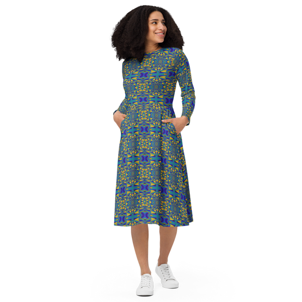 Product name: Recursia Mind Gem IV Long Sleeve Midi Dress. Keywords: Clothing, Long Sleeve Midi Dress, Print: Mind Gem, Women's Clothing