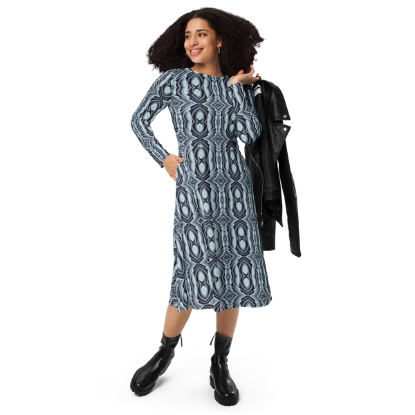 Product name: Recursia Mind Gem I Long Sleeve Midi Dress In Blue. Keywords: Clothing, Long Sleeve Midi Dress, Print: Mind Gem, Women's Clothing