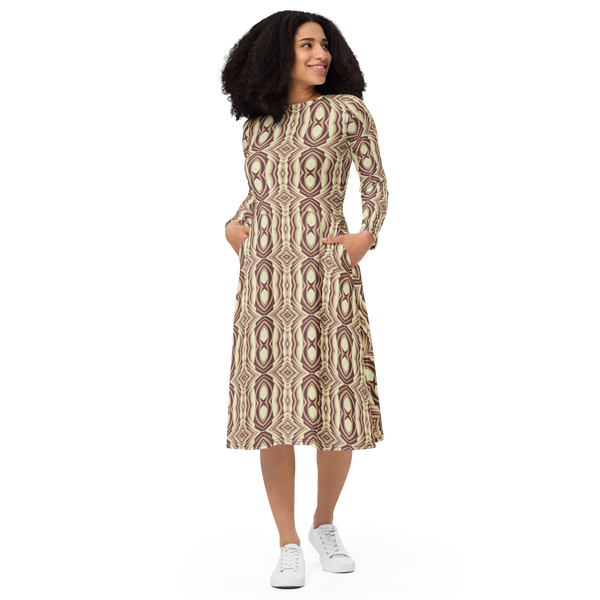 Product name: Recursia Mind Gem I Long Sleeve Midi Dress In Pink. Keywords: Clothing, Long Sleeve Midi Dress, Print: Mind Gem, Women's Clothing