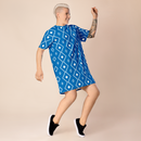 Product name: Recursia Modern Moiré I T-Shirt Dress In Blue. Keywords: Clothing, Print: Modern Moiré, T-Shirt Dress, Women's Clothing
