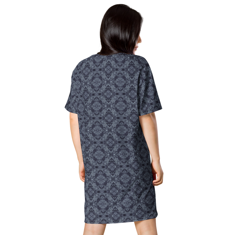 Product name: Recursia Pebblewave T-Shirt Dress In Blue. Keywords: Clothing, Print: Pebblewave , T-Shirt Dress, Women's Clothing