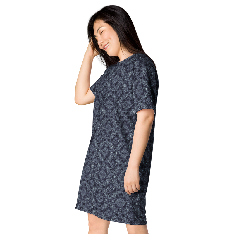 Product name: Recursia Pebblewave T-Shirt Dress In Blue. Keywords: Clothing, Print: Pebblewave , T-Shirt Dress, Women's Clothing