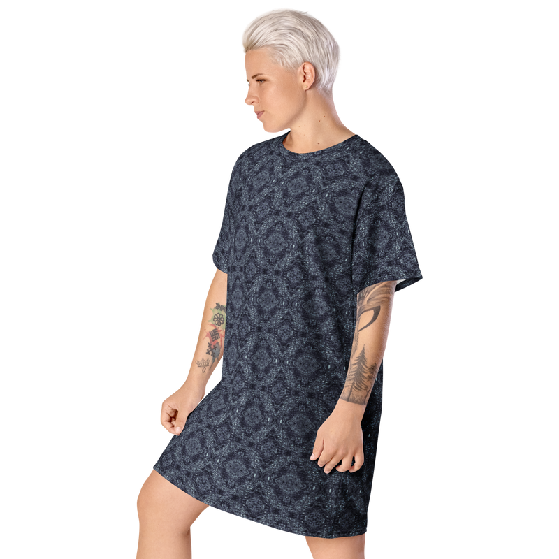 Product name: Recursia Pebblewave T-Shirt Dress In Blue. Keywords: Clothing, Print: Pebblewave , T-Shirt Dress, Women's Clothing