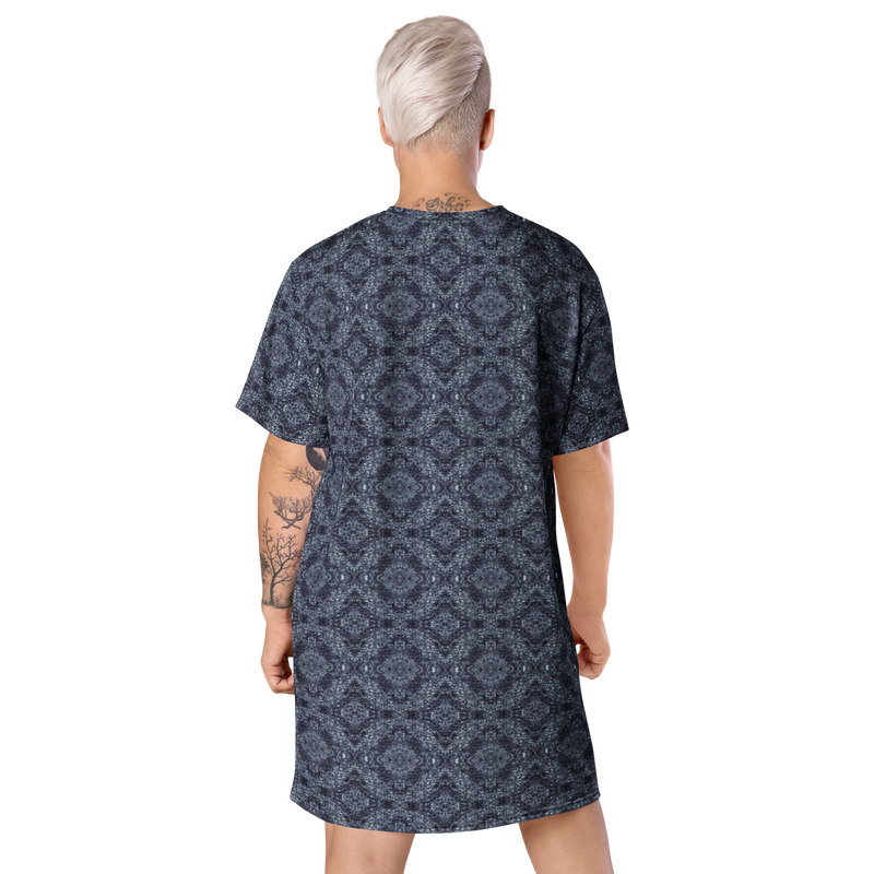 Product name: Recursia Pebblewave T-Shirt Dress In Blue. Keywords: Clothing, Print: Pebblewave , T-Shirt Dress, Women's Clothing