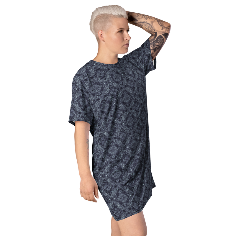 Product name: Recursia Pebblewave T-Shirt Dress In Blue. Keywords: Clothing, Print: Pebblewave , T-Shirt Dress, Women's Clothing