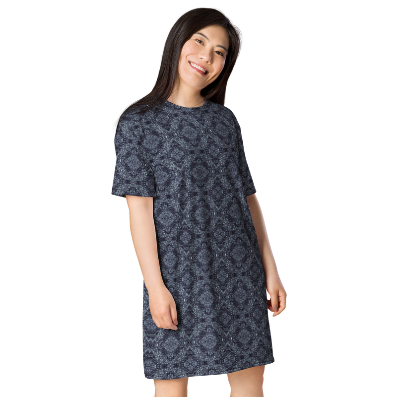 Product name: Recursia Pebblewave T-Shirt Dress In Blue. Keywords: Clothing, Print: Pebblewave , T-Shirt Dress, Women's Clothing