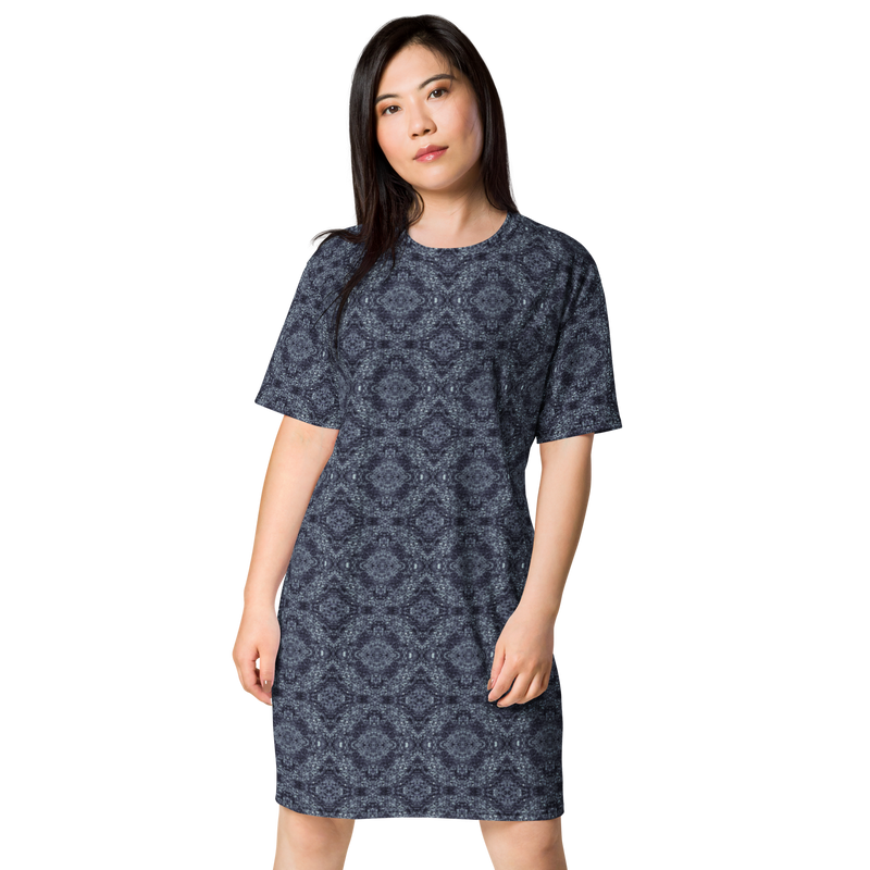 Product name: Recursia Pebblewave T-Shirt Dress In Blue. Keywords: Clothing, Print: Pebblewave , T-Shirt Dress, Women's Clothing
