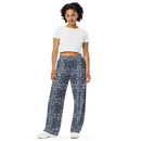Product name: Recursia Philosophy's Abode Women's Wide Leg Pants In Blue. Keywords: Print: Philosophy's Abode, Women's Wide Leg Pants