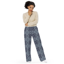 Product name: Recursia Philosophy's Abode Women's Wide Leg Pants In Blue. Keywords: Print: Philosophy's Abode, Women's Wide Leg Pants