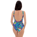 Product name: Recursia Rainbow Rose I One Piece Swimsuit. Keywords: Clothing, One Piece Swimsuit, Print: Rainbow Rose, Swimwear, Unisex Clothing