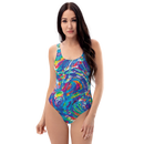 Product name: Recursia Rainbow Rose I One Piece Swimsuit. Keywords: Clothing, One Piece Swimsuit, Print: Rainbow Rose, Swimwear, Unisex Clothing