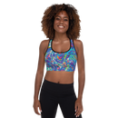 Product name: Recursia Rainbow Rose I Padded Sports Bra. Keywords: Athlesisure Wear, Clothing, Padded Sports Bra, Print: Rainbow Rose, Women's Clothing
