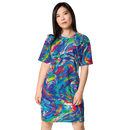 Product name: Recursia Rainbow Rose T-Shirt Dress. Keywords: Clothing, Print: Rainbow Rose, T-Shirt Dress, Women's Clothing