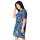 Product name: Recursia Rainbow Rose T-Shirt Dress. Keywords: Clothing, Print: Rainbow Rose, T-Shirt Dress, Women's Clothing