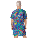 Product name: Recursia Rainbow Rose T-Shirt Dress. Keywords: Clothing, Print: Rainbow Rose, T-Shirt Dress, Women's Clothing