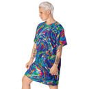 Product name: Recursia Rainbow Rose T-Shirt Dress. Keywords: Clothing, Print: Rainbow Rose, T-Shirt Dress, Women's Clothing