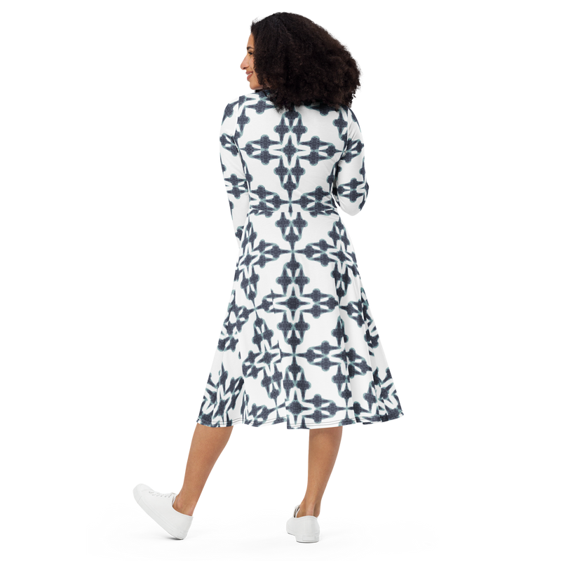 Product name: Recursia Symmetree II Long Sleeve Midi Dress In Blue. Keywords: Clothing, Long Sleeve Midi Dress, Print: Symmetree, Women's Clothing