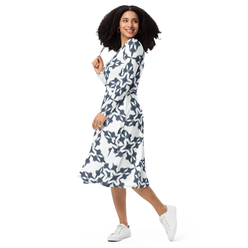 Product name: Recursia Symmetree II Long Sleeve Midi Dress In Blue. Keywords: Clothing, Long Sleeve Midi Dress, Print: Symmetree, Women's Clothing