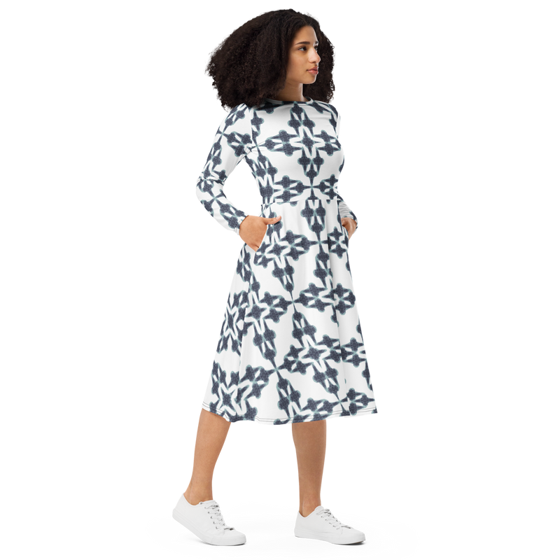 Product name: Recursia Symmetree II Long Sleeve Midi Dress In Blue. Keywords: Clothing, Long Sleeve Midi Dress, Print: Symmetree, Women's Clothing