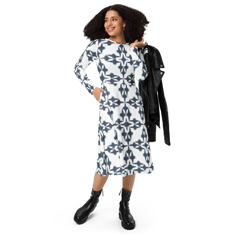 Product name: Recursia Symmetree II Long Sleeve Midi Dress In Blue. Keywords: Clothing, Long Sleeve Midi Dress, Print: Symmetree, Women's Clothing