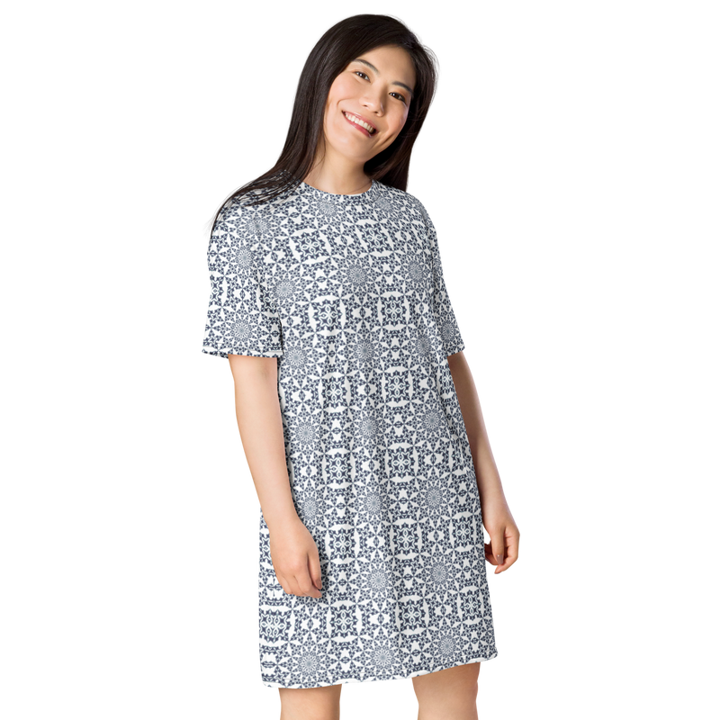 Product name: Recursia Symmetree T-Shirt Dress In Blue. Keywords: Clothing, Print: Symmetree, T-Shirt Dress, Women's Clothing