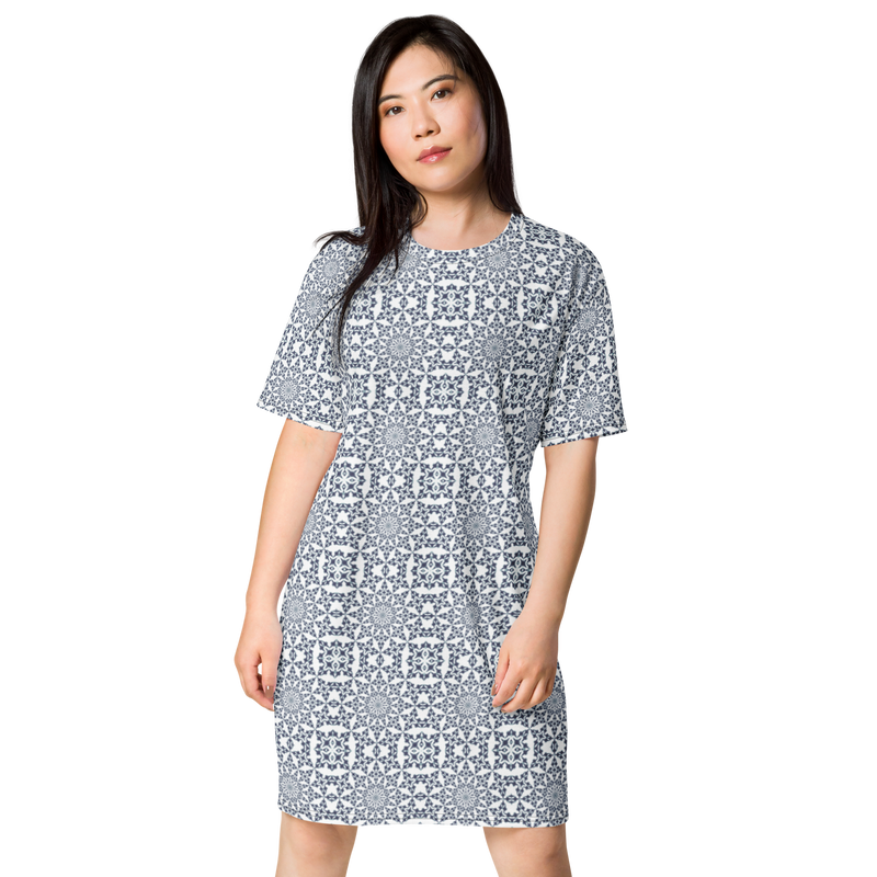Product name: Recursia Symmetree T-Shirt Dress In Blue. Keywords: Clothing, Print: Symmetree, T-Shirt Dress, Women's Clothing