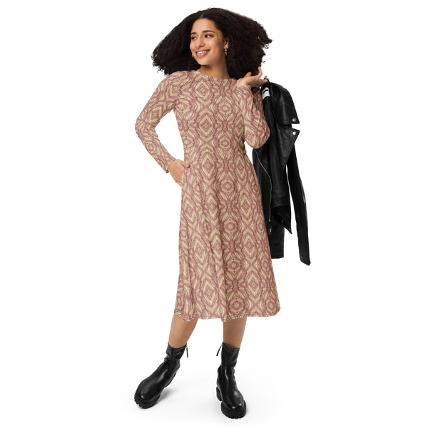 Product name: Recursia Tie-Dye Overdrive III Long Sleeve Midi Dress In Pink. Keywords: Clothing, Long Sleeve Midi Dress, Print: Tie-Dye Overdrive, Women's Clothing
