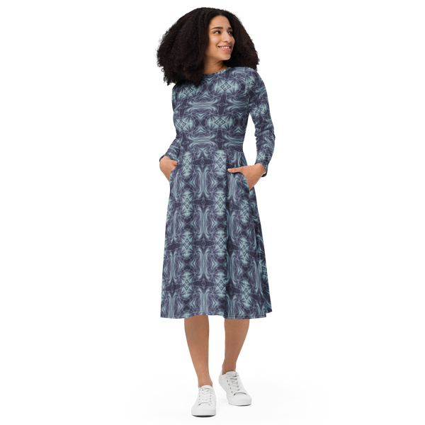 Product name: Recursia Tie-Dye Overdrive II Long Sleeve Midi Dress In Blue. Keywords: Clothing, Long Sleeve Midi Dress, Print: Tie-Dye Overdrive, Women's Clothing
