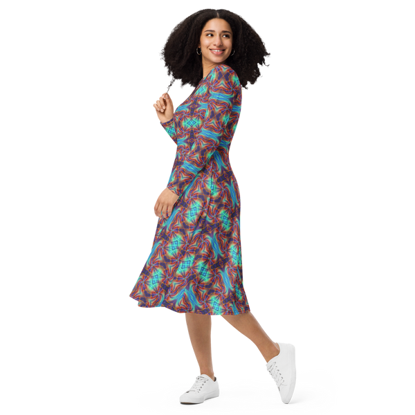 Product name: Recursia Tie-Dye Overdrive II Long Sleeve Midi Dress. Keywords: Clothing, Long Sleeve Midi Dress, Print: Tie-Dye Overdrive, Women's Clothing