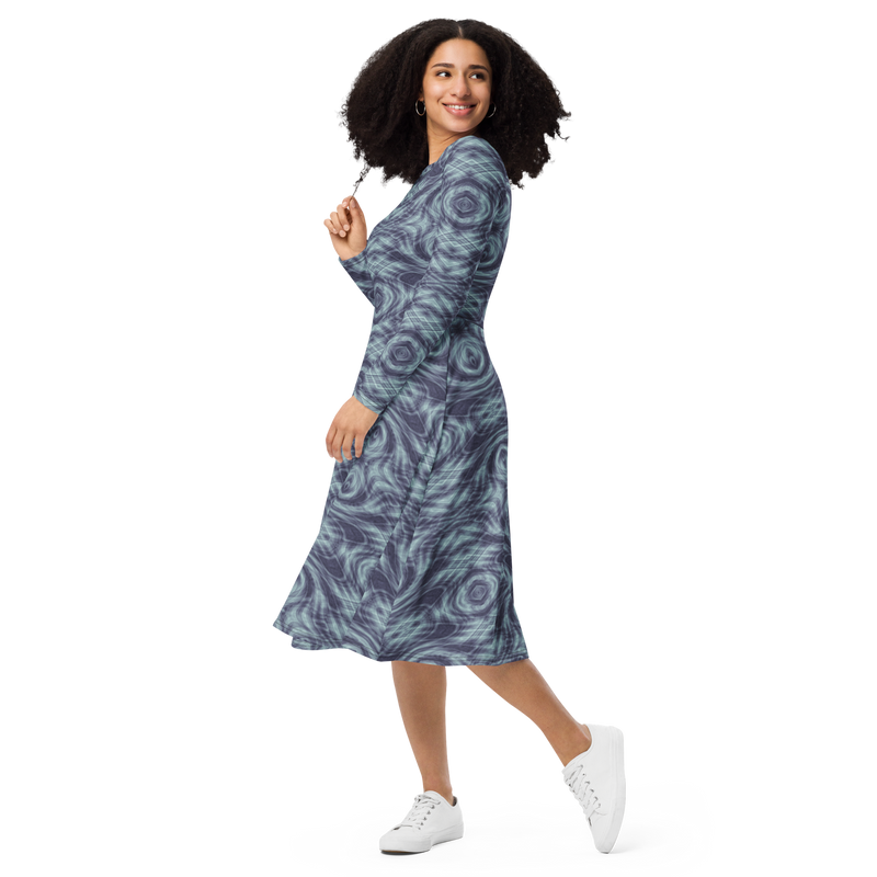 Recursia Tie-Dye Overdrive IV Long Sleeve Midi Dress in Blue L