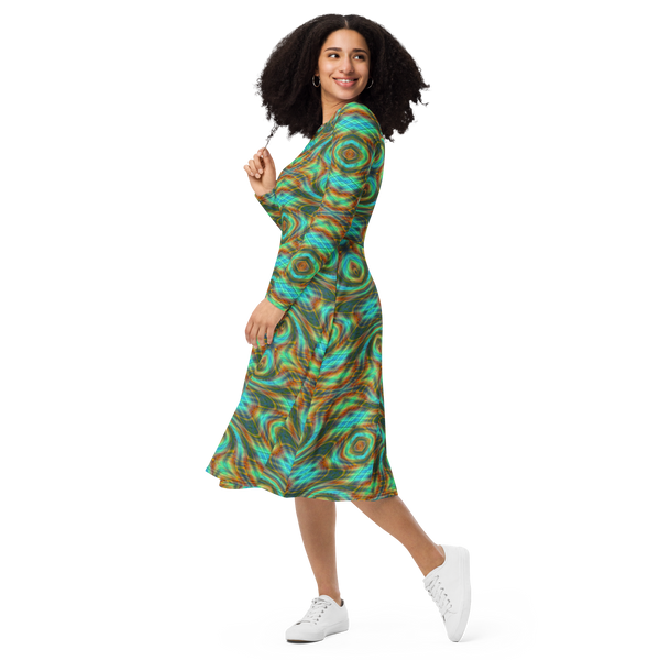 Product name: Recursia Tie-Dye Overdrive IV Long Sleeve Midi Dress. Keywords: Clothing, Long Sleeve Midi Dress, Print: Tie-Dye Overdrive, Women's Clothing