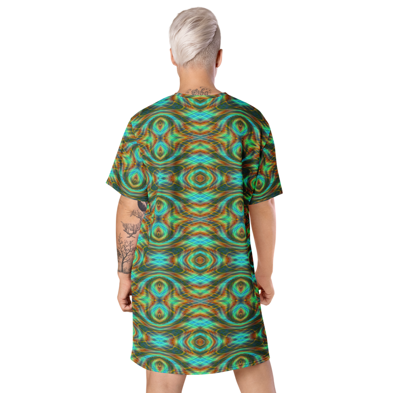 Product name: Recursia Tie-Dye Overdrive IV T-Shirt Dress. Keywords: Clothing, T-Shirt Dress, Print: Tie-Dye Overdrive, Women's Clothing