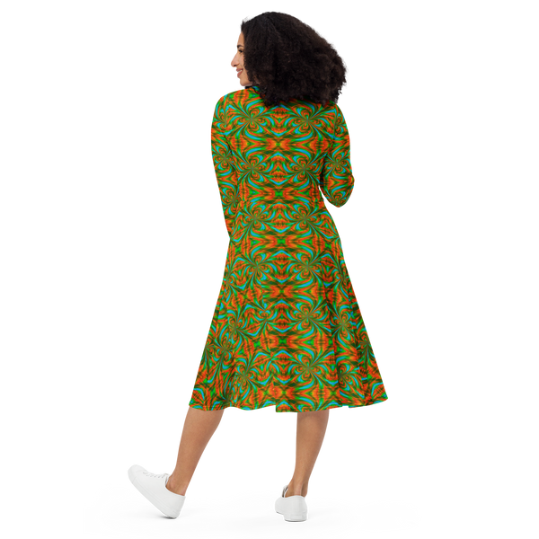 Product name: Recursia Tie-Dye Overdrive I Long Sleeve Midi Dress. Keywords: Clothing, Long Sleeve Midi Dress, Print: Tie-Dye Overdrive, Women's Clothing