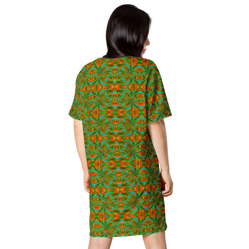 Product name: Recursia Tie-Dye Overdrive I T-Shirt Dress. Keywords: Clothing, T-Shirt Dress, Print: Tie-Dye Overdrive, Women's Clothing