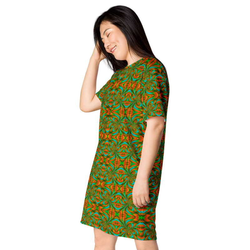 Product name: Recursia Tie-Dye Overdrive I T-Shirt Dress. Keywords: Clothing, T-Shirt Dress, Print: Tie-Dye Overdrive, Women's Clothing
