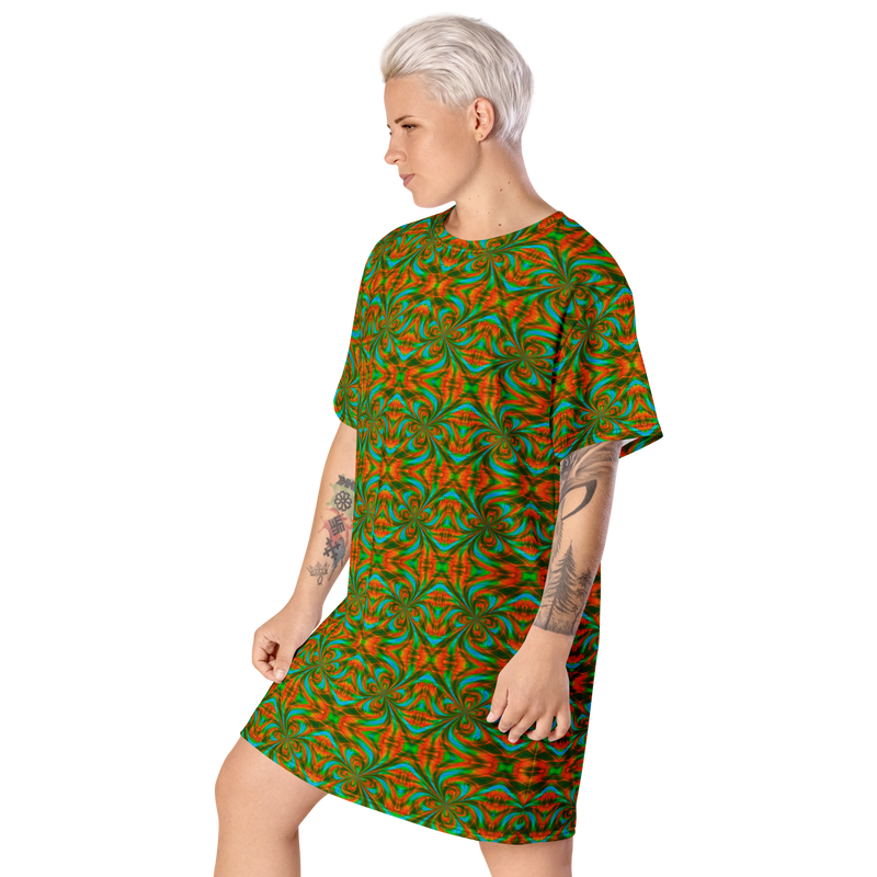 Product name: Recursia Tie-Dye Overdrive I T-Shirt Dress. Keywords: Clothing, T-Shirt Dress, Print: Tie-Dye Overdrive, Women's Clothing